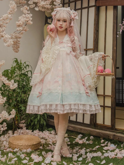 クリーム色のベルスリーブと小さなピンクの蝶結びが付いた漢ロリータブラウス