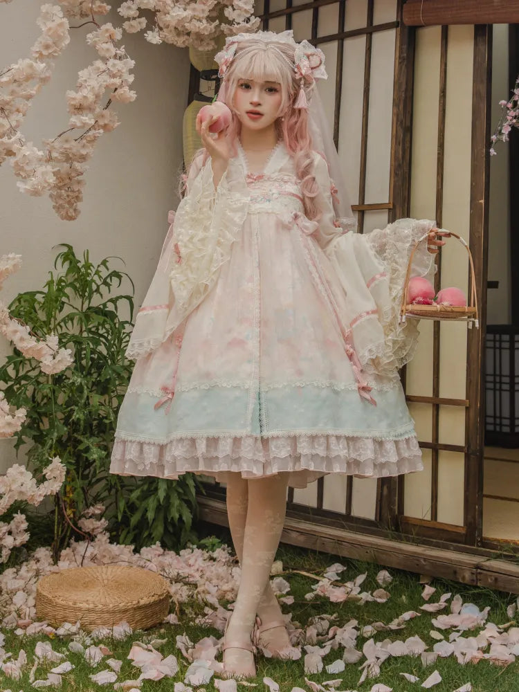 Rosa Han Lolita-Kleid mit Empire-Taille in Pfirsich- und Pfirsichblüten-Print