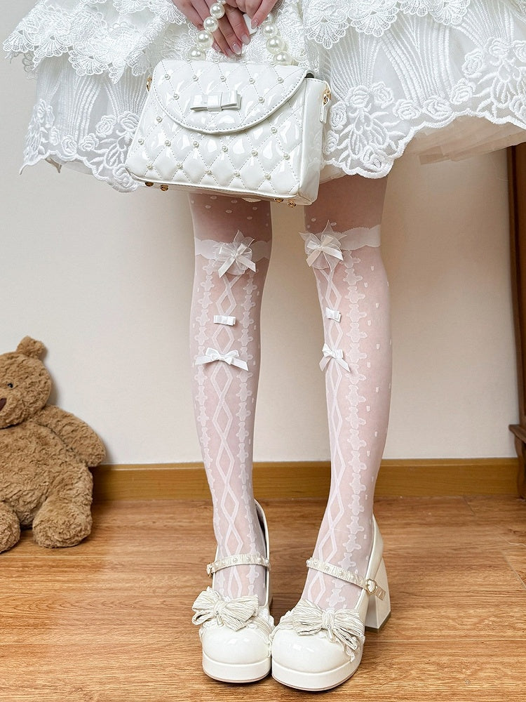 Two-Option White Sheer Lolita Tights with Bow Accents - Fat Bear Story