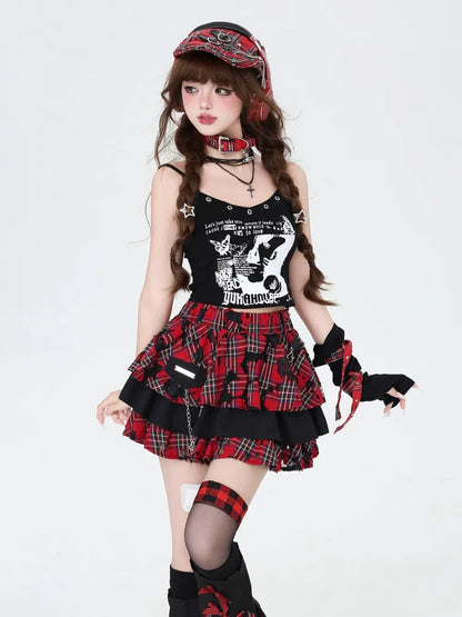 Punk Sleeves with Red Rock Decorated Chain Tiered Free Plaid Black and Skirt Leg