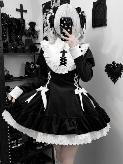 Lolita Bow and Juliette with Sleeves Gothic Lacing Dress Accents Black