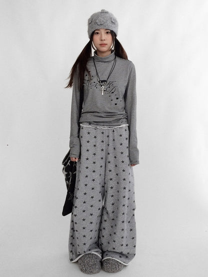 Pants Grey Floor-Length Print Star - Wide-leg
