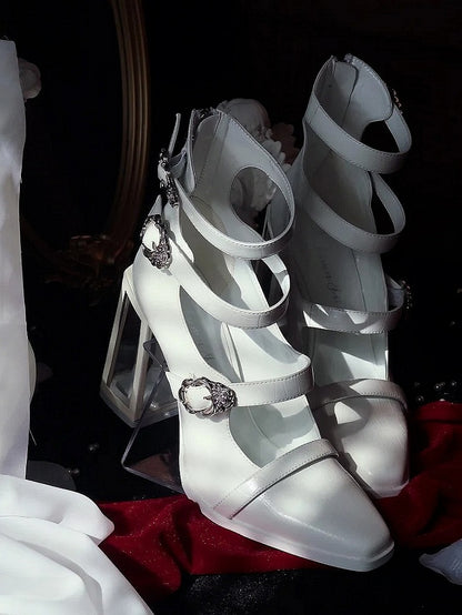 Matte White Gothic Crocodile Buckle Straps High Block Heels