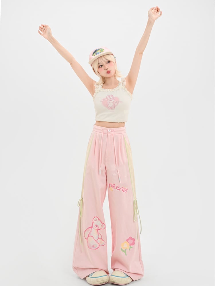 Entzückende Bärendruck Rosa Version Weites Bein Freizeithose Lang/Kurz