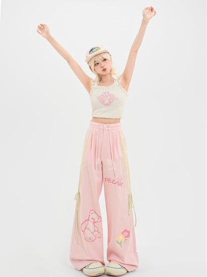 Entzückende Bärendruck Rosa Version Weites Bein Freizeithose Lang/Kurz