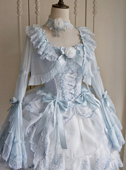 Blue Bell Sleeve Cardigan with Ruffle and Bow Embellishments