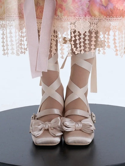 Toe - Ankle Square Top Janes Bow Mary Lolitacore Satin at Lace-up Beige