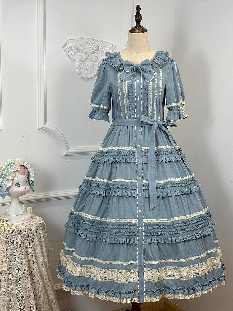 Blue Layered Ruffles Elegant Lolita Dress Front Button Placket - Miss Point