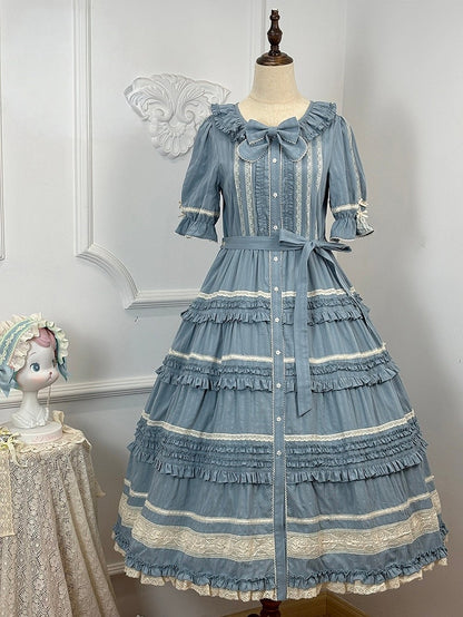 Blue Layered Ruffles Elegant Lolita Dress Front Button Placket - Miss Point