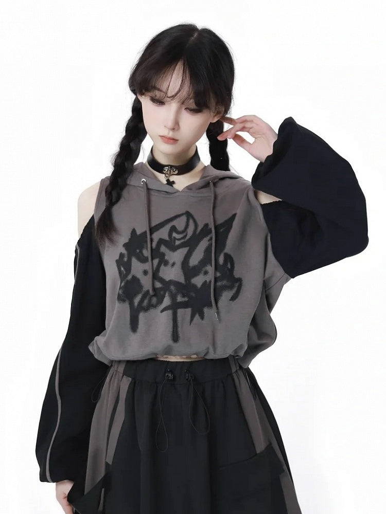 Print Colorblock Design Drawstring Gray Hem Hoodie and Cutout Shoulder Star Black