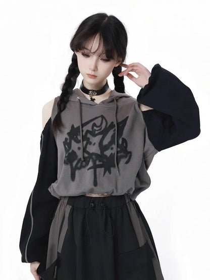 Print Colorblock Design Drawstring Gray Hem Hoodie and Cutout Shoulder Star Black