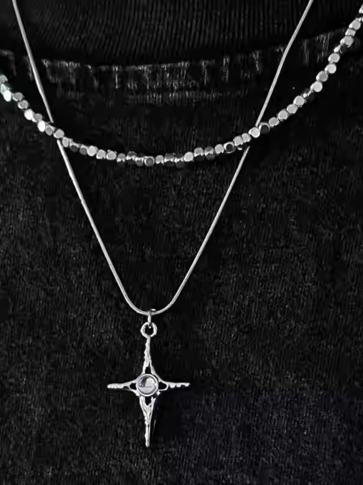 Silver Cross Pendant Double Layered Necklace