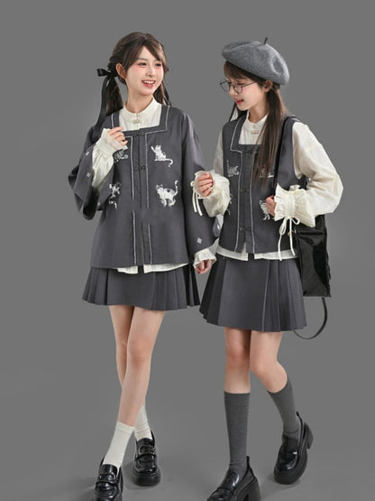 Grey Square Neck Cat Embroidery Cheongsam Style Knot Button Top