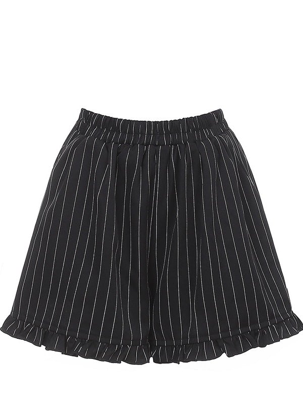 Black Jirai Kei Striped Long-Sleeve Dress with Lace Mesh Cape, Bow Tie & Shorts Set - Puppet Bombs
