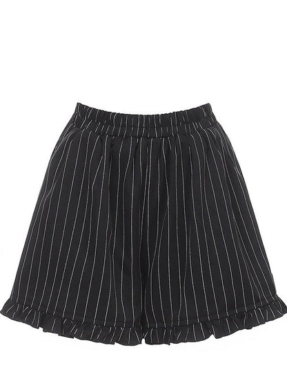 Black Jirai Kei Striped Long-Sleeve Dress with Lace Mesh Cape, Bow Tie & Shorts Set - Puppet Bombs