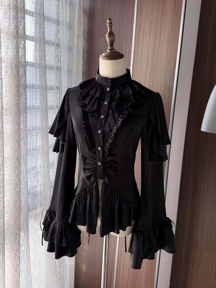 Black Shoulder Ruffle Panels Lolita Blouse with Aristocrat Cascading Ouji