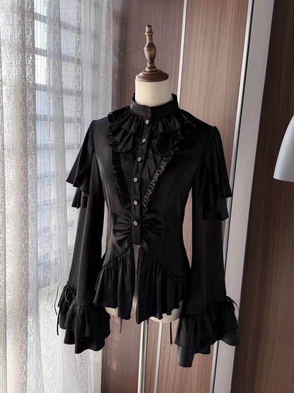 Black Shoulder Ruffle Panels Lolita Blouse with Aristocrat Cascading Ouji