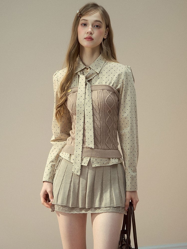 Dot Kint Polka Blouse Patchwork with Bow Tie Cable Khaki