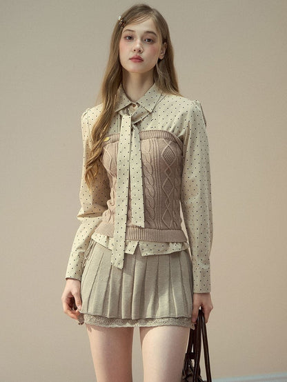 Dot Kint Polka Blouse Patchwork with Bow Tie Cable Khaki