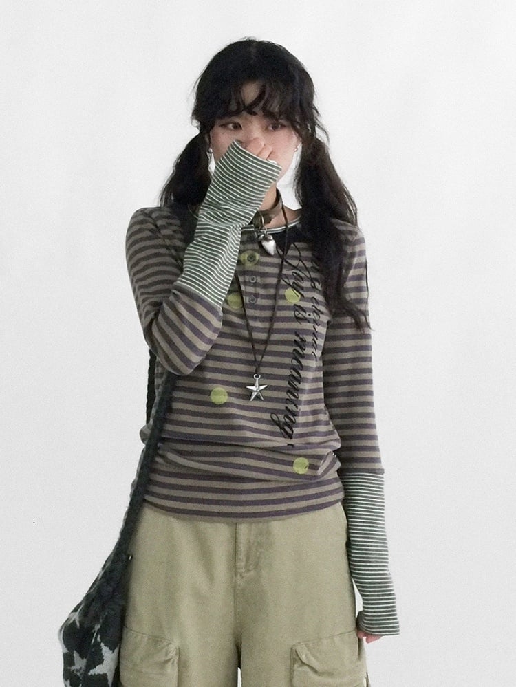 Design - Neck Sleeve Round Long Top Green Bittersweet Patchwork