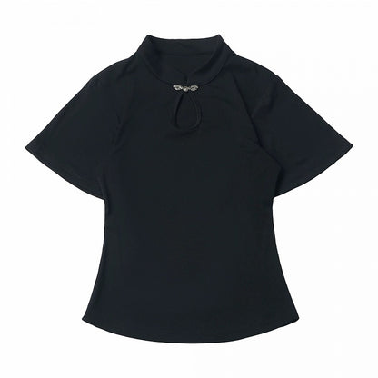 Black Mandarin Collar Blouse with Ruffle Sleeves - PINK SAVIOR