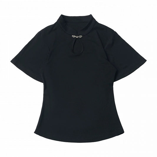 Black Mandarin Collar Blouse with Ruffle Sleeves - PINK SAVIOR