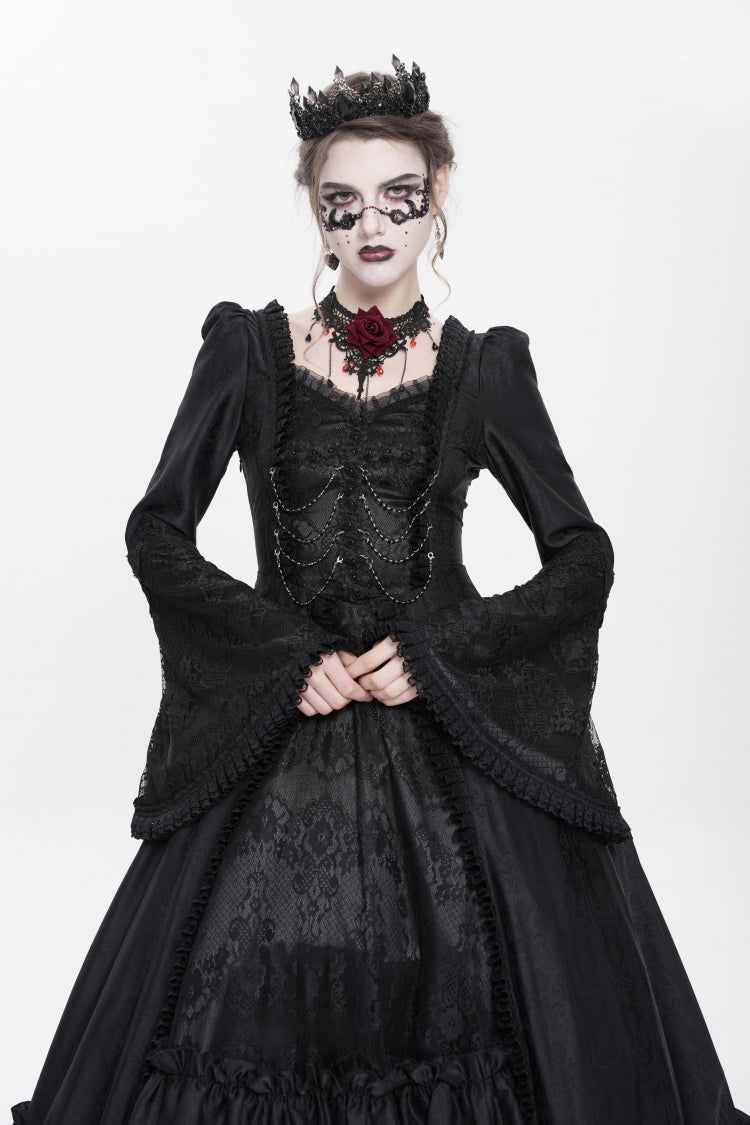 Black Long Sleeve Floral Embroidery Lace-Up Pleated Gothic Dress