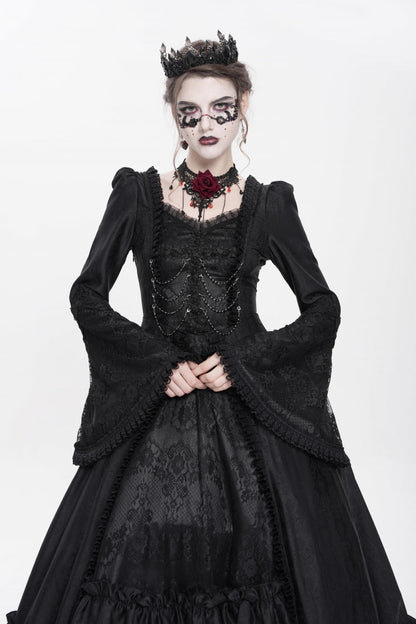 Black Long Sleeve Floral Embroidery Lace-Up Pleated Gothic Dress