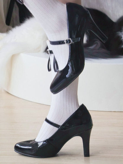 Leather Strap Design Classic Pointed in Mid-heel/High-heel Buckle PU Mary Black Janes Toe