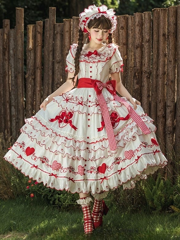 and Lolita Ruffles Applique Sweet White Dress Red Sweetheart with Bows
