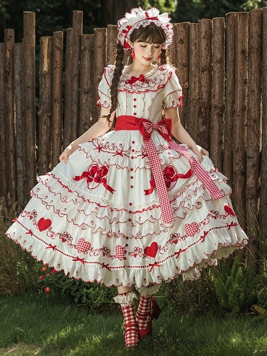 and Lolita Ruffles Applique Sweet White Dress Red Sweetheart with Bows