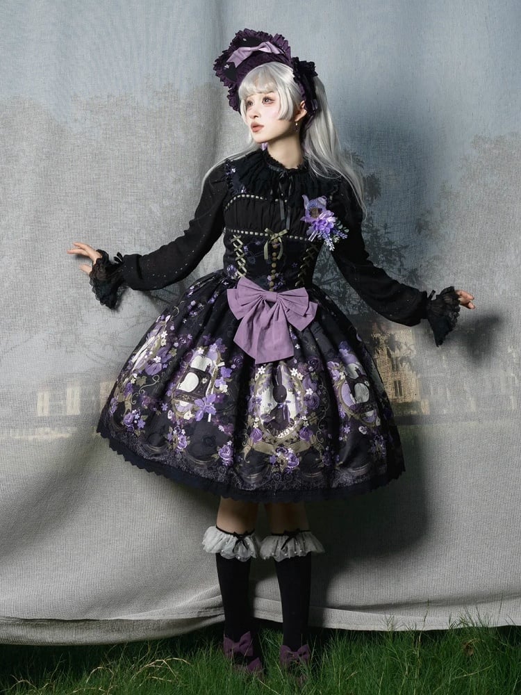 Print Jumper Purple Lolita and Black Jacquard Floral Bunny Dress Skirt