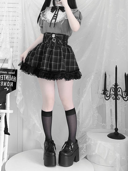 / Lace Trim with Bead Details  White Plaid Blouse Jirai Kei Illusion Neckline Black