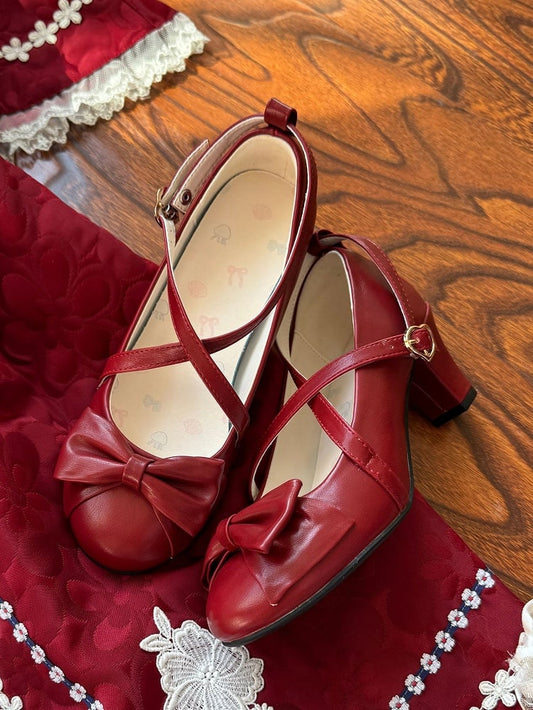 Lolita Top at Elegant Straps Janes Wine Mid-heel Mary Crossed Bow Red in