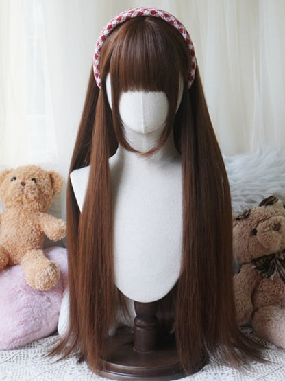 Karamell/Blond/Orange/Schwarze, hüftlange, glatte Perücke mit vollem Pony