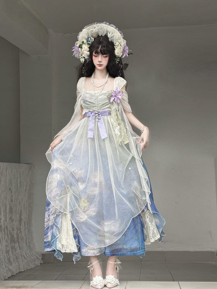 Artistic Print Empire Waist Lolita Gown with Cowl Neckline - Magic Skirt Cat