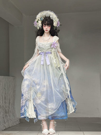 Artistic Print Empire Waist Lolita Gown with Cowl Neckline - Magic Skirt Cat