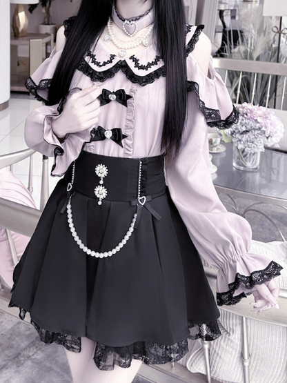 Kei Jirai Black High Waist Lace Skirt with Beaded Chain Round Rhinestone Trim