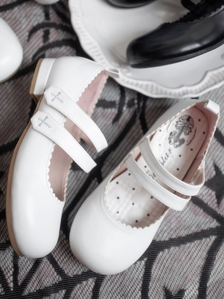 Round Cross White Flats Velcro Gothic Embroidery Toe Strap Closures