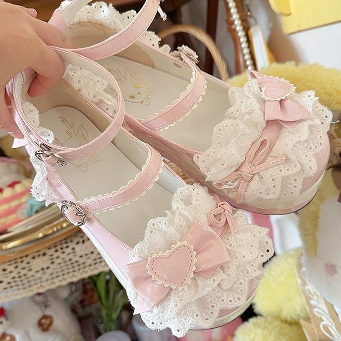 Lace Decor Heart - Sweet Lolita PU Trim Pink Platforms Bow Top