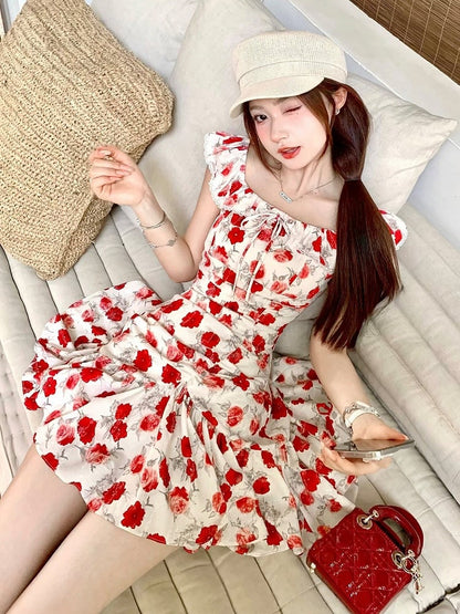 White Holiday Dress with Red Rose Print - Qchiwawameme