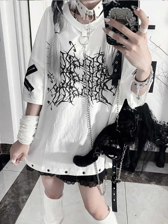 Chain T-Shirtwith Zipper SleeveDetachable Crossed Loose Gothic White