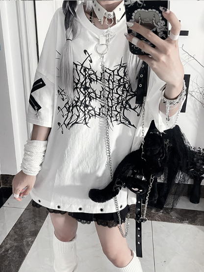 Chain T-Shirtwith Zipper SleeveDetachable Crossed Loose Gothic White