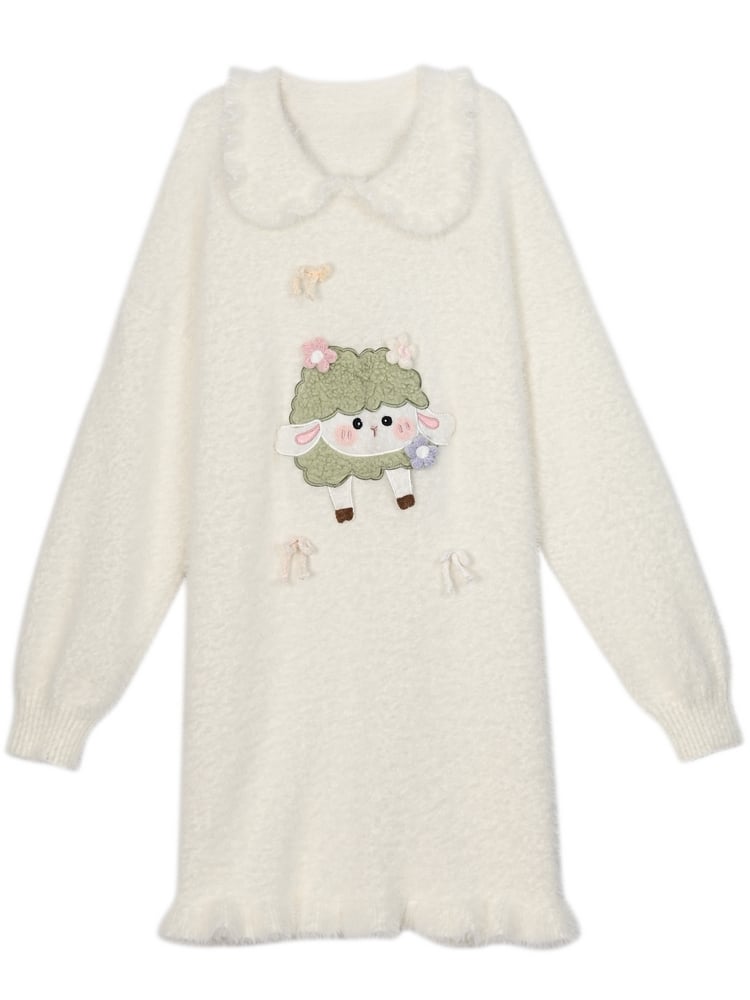 Süßes weißes Strickkleid mit Peter-Pan-Kragen und Lamm-Applikation
