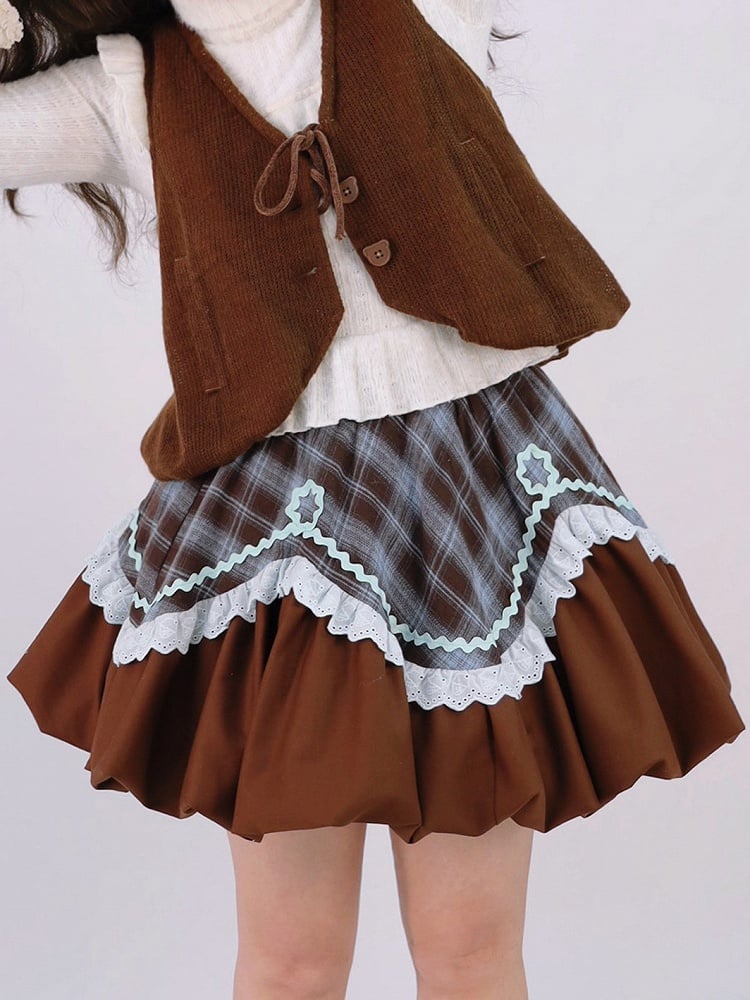 Brown Sweet Bubble Blue Skirt Plaid Lolita