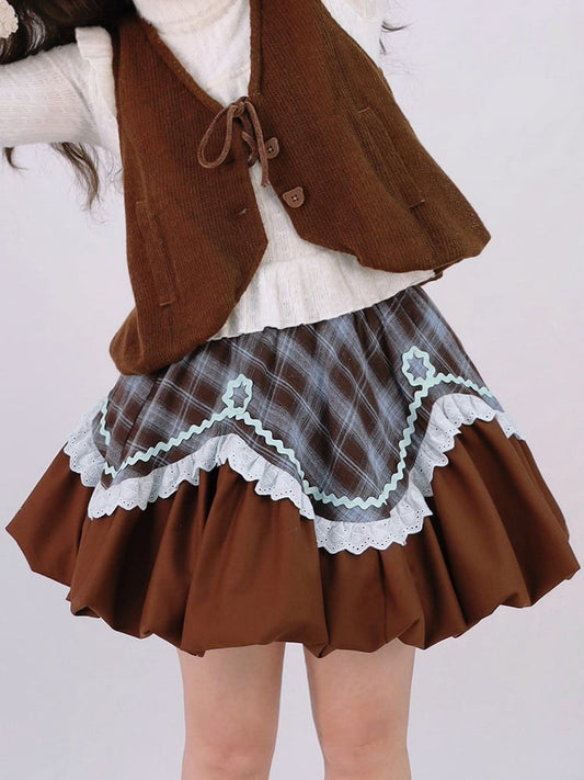 Brown Sweet Bubble Blue Skirt Plaid Lolita