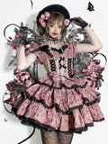 and Pink Floral Skirt with Dark Black Lolita Multi-Layered Dress OP Texture