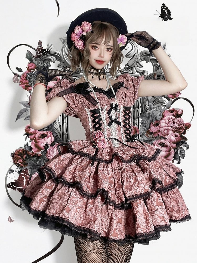 and Pink Floral Skirt with Dark Black Lolita Multi-Layered Dress OP Texture