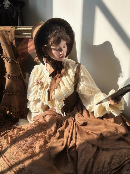 with Blouse Sleeves Long Ruffled Yellow Lace-Up Light Front