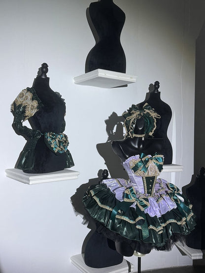 Layers Green Gold Light with Bow Accents and Purple Lace Dress Princess Trim Balletcore